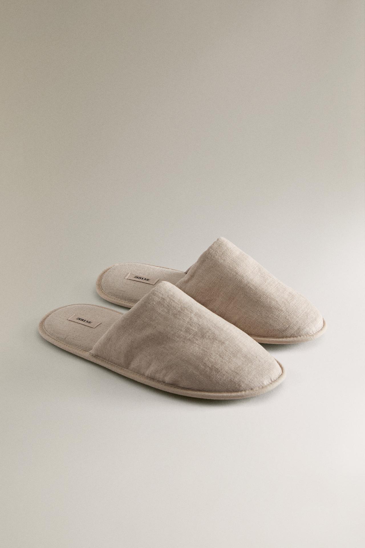 LINEN MULE SLIPPERS — Taupe Gray