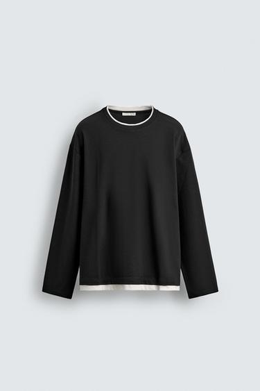 T-SHIRT À FINITIONS DOUBLES EN CONTRASTE - Noir de Zara