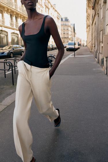 Zara CONTRAST WAIST STRAIGHT LEG PANTS - Sand