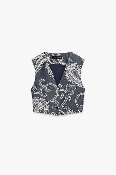 EMBROIDERED CROPPED WAISTCOAT TOP - Ecru / Navy by Zara