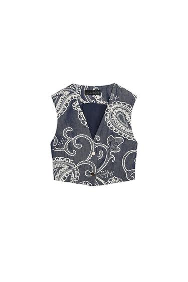 KURZES, BESTICKTES WESTEN-TOP - Cremefarben / Marineblau von Zara - Bild 0