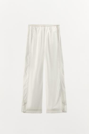 LACE TRIM COTTON PYJAMA BOTTOMS - Oyster-white by Zara - Image 4