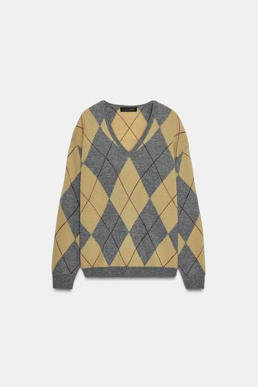 100% WOOL DIAMOND JUMPER - Grey green by Zara