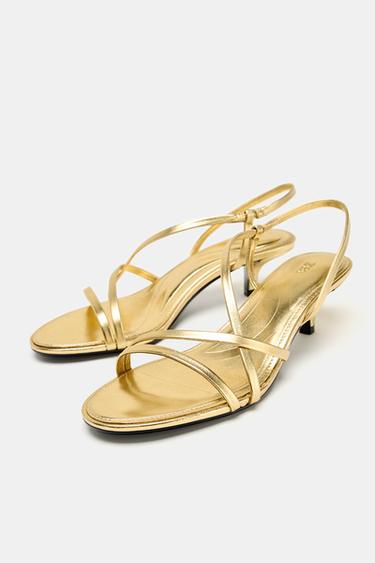 LEATHER KITTEN HEEL SANDALS - Gold by Zara - Image 6