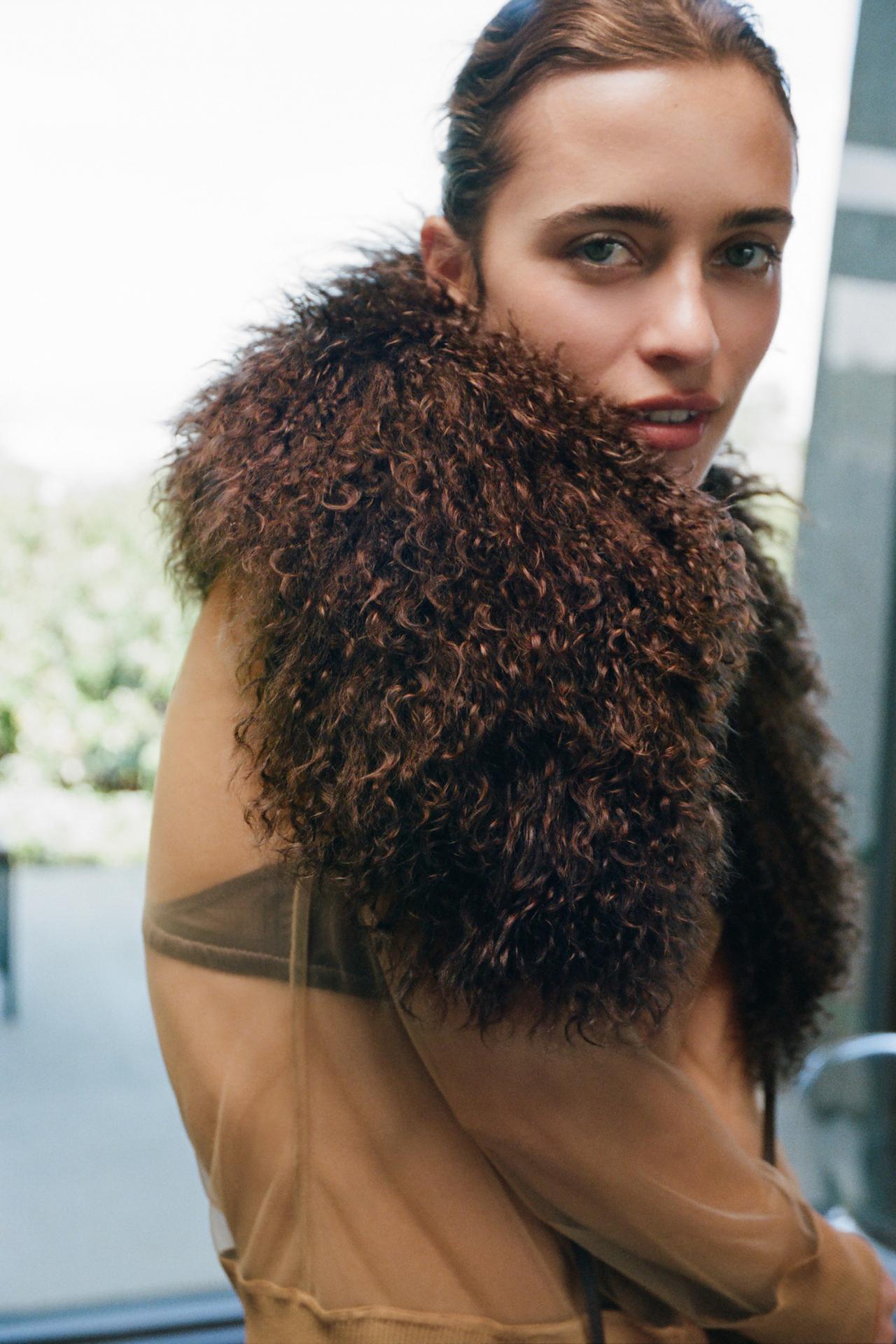 100% LEATHER FUR COLLAR — Dark brown