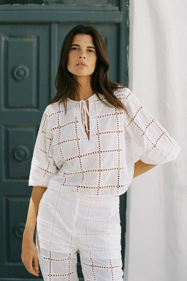 PANTALON DROIT BRODERIES PERFORÉES - Blanc de Zara - Image 1