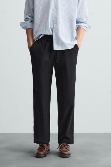 Zara RELAXED FIT COTTON - LINEN PANTS - Black