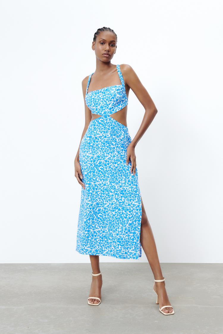 リネンブレンド フラワープリントワンピース - 青色/白色 | ZARA Japan 