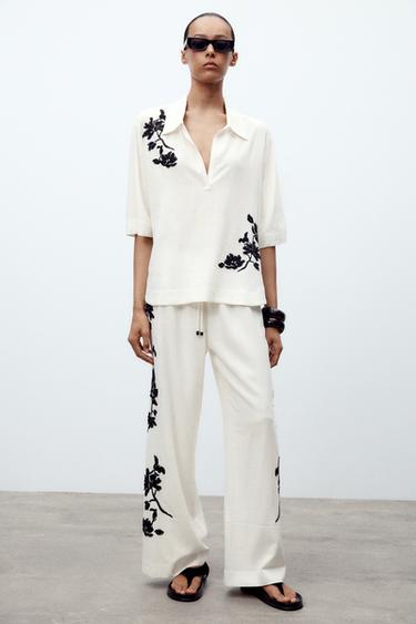 ZW COLLECTION EMBROIDERED TROUSERS - Black / White by Zara