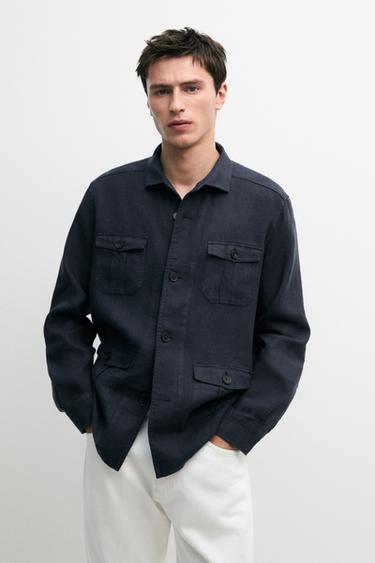 Zara Heavy linen overshirt with pocket details - Navy blue