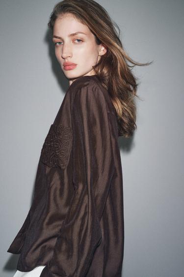 ZW COLLECTION EMBROIDERED POCKET SHIRT - Brown by Zara - Image 3