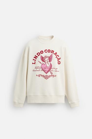 Zara HEART PRINT CREWNECK SWEATSHIRT - Oyster-white