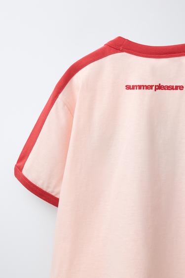 T-SHIRT WITH CONTRAST PIPING AND SLOGAN - Pink / White by Zara - Image 3