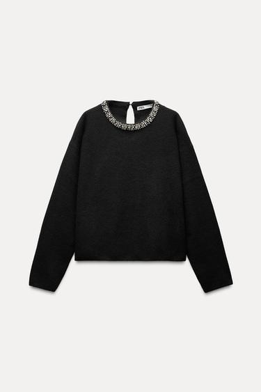 JEWELLED NECK KNIT SWEATER - Black by Zara