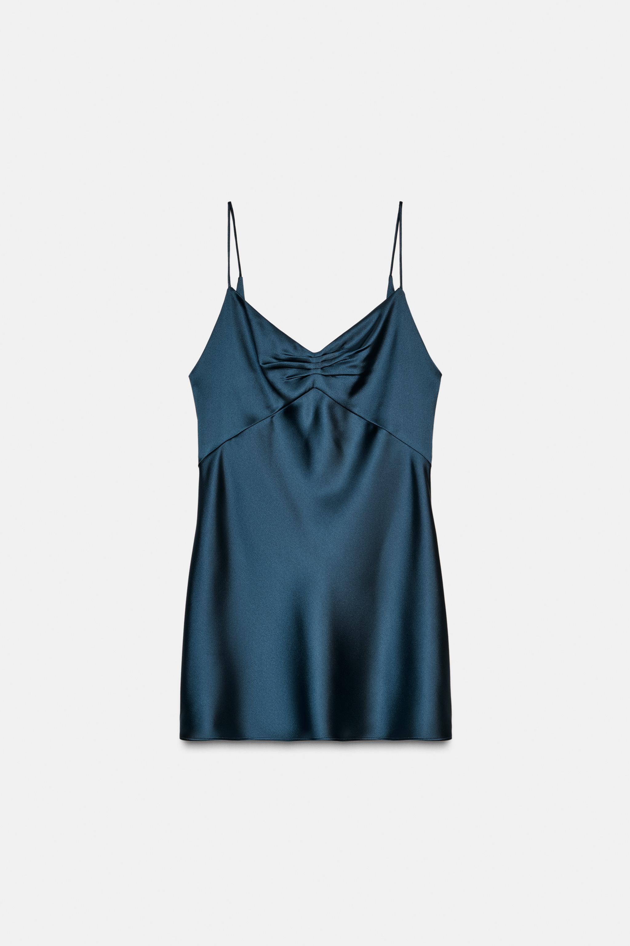 MINI SATIN DRESS WITH GATHERED V-NECK - Dark navy | ZARA South Africa