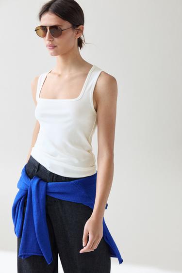 Zara Cotton blend square neck top - Oyster-white