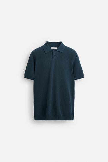 Zara TEXTURED KNIT POLO SHIRT - Faded blue