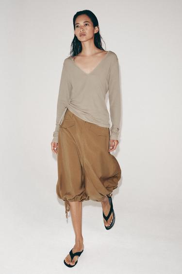 V-NECK T-SHIRT WITH TIES - Brown / Taupe by Zara - Image 3