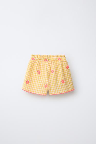EMBROIDERED FLORAL GINGHAM BERMUDA SHORTS - Yellow by Zara - Image 1