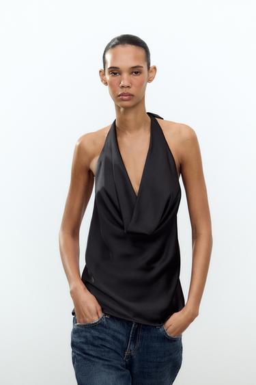 Zara HALTER SATIN EFFECT TOP - Black