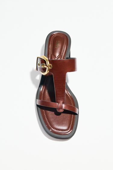 Zara WIDE HEELED LEATHER SANDALS - Brown