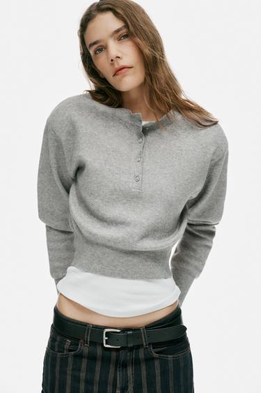 SHOULDER PAD KNIT SWEATER — Gray 1