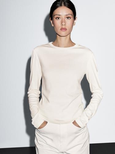 Zara Long sleeve T-shirt with rounded hem - Ecru - Image 0