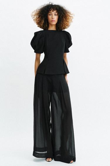 PANTALON LARGE SEMI-TRANSPARENT - Noir de Zara