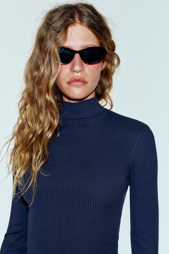 RIBBED HIGH NECK T-SHIRT - Navy blue by Zara - Image 2