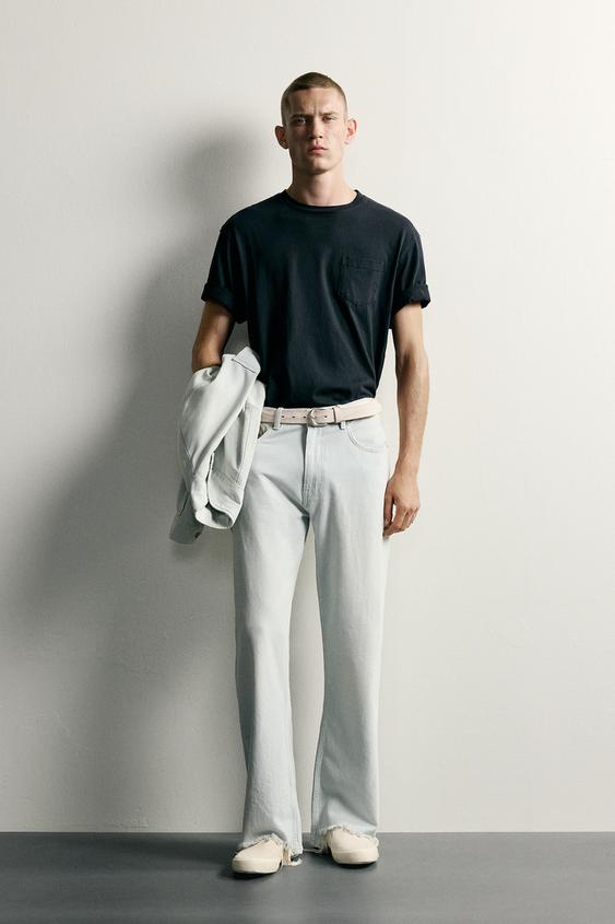 Zara WASHED STRIPED FLARE TROUSERS - Faded sky blue - Image 0