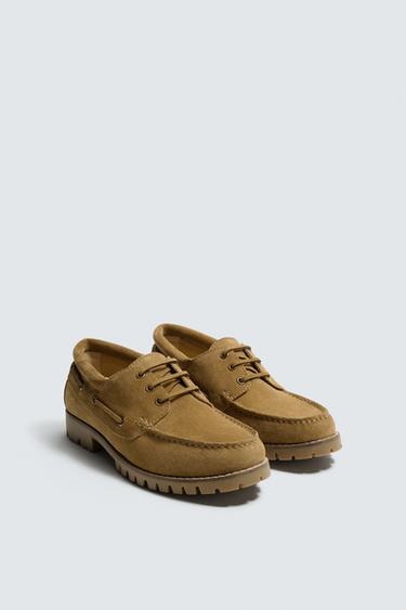 LEATHER DECK SHOES - Khaki Green by Zara