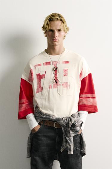 Zara VINTAGE WASHED EFFECT PATCH BOXY FIT T-SHIRT - Red