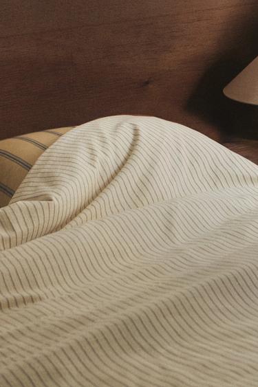 Zara CRINKLE STRIPED COTTON DUVET COVER - Ecru