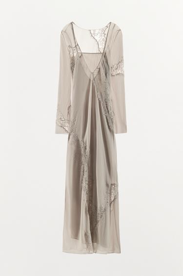 MIDI GEORGETTE DRESS WITH EMBROIDERED LACE - Stone by Zara - Image 5