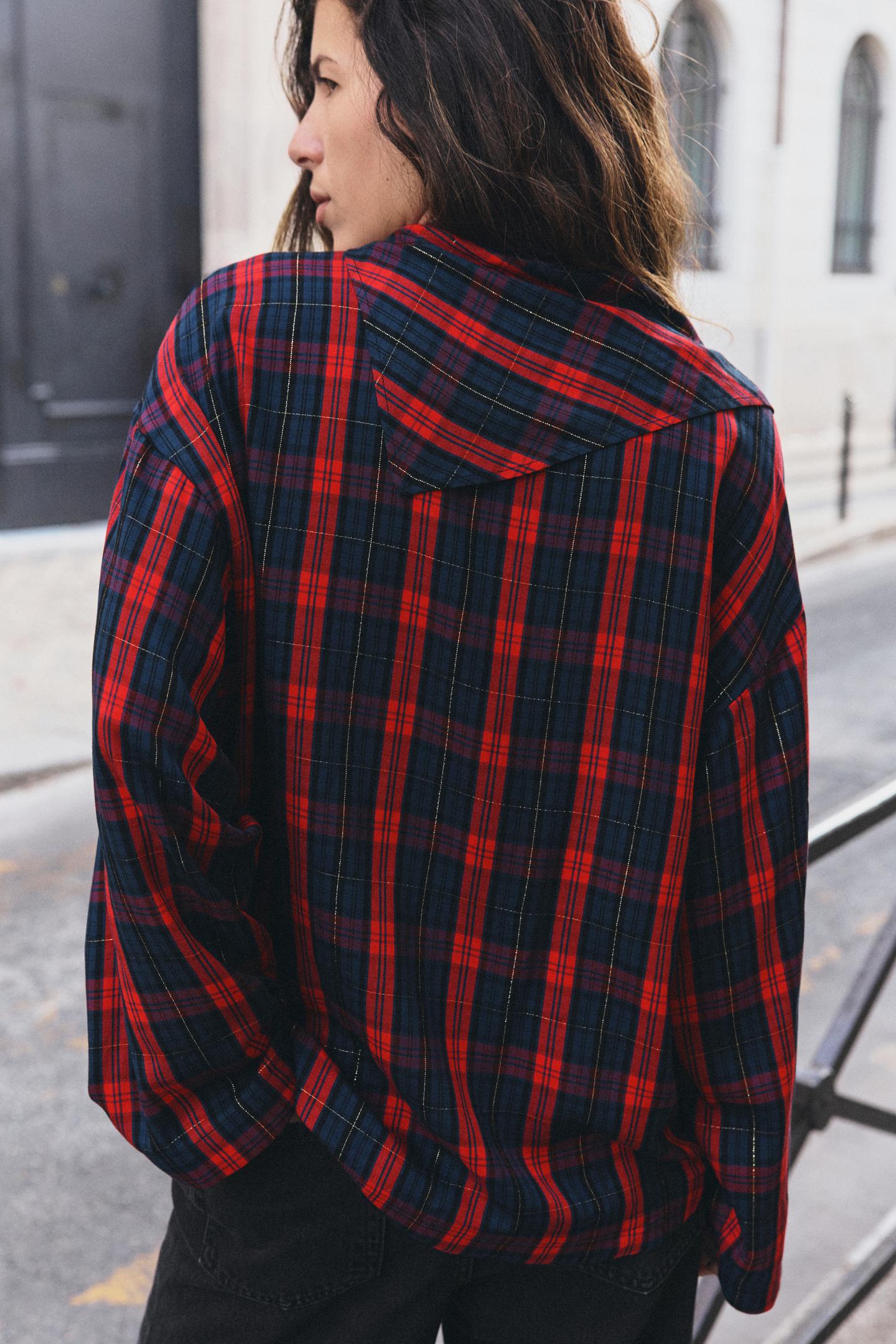 Женская рубашка Zara Metallic Yarn Checked, цвет: Красный / Тёмно-синий — фото 5
