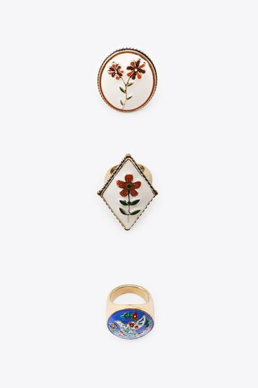Zara 3-PACK OF FLOWER AND BIRD RINGS - Aged gold