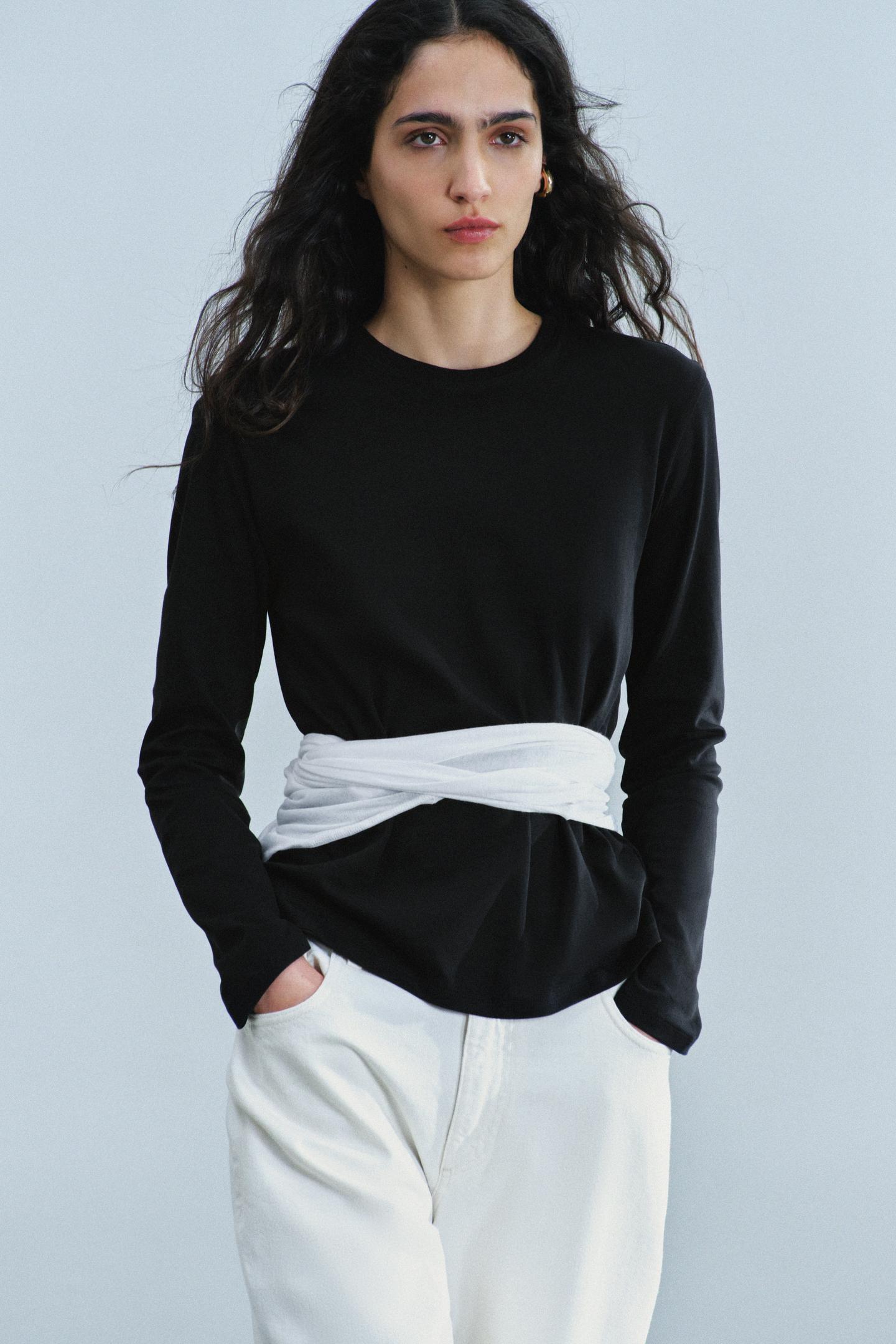 Женская футболка Zara Interlock Long-Sleeve T-SHIRT, цвет: Чёрный — фото 4