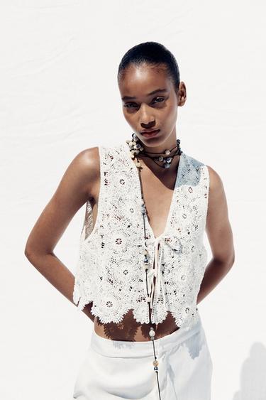 CROCHET WAISTCOAT TOP - Oyster-white by Zara