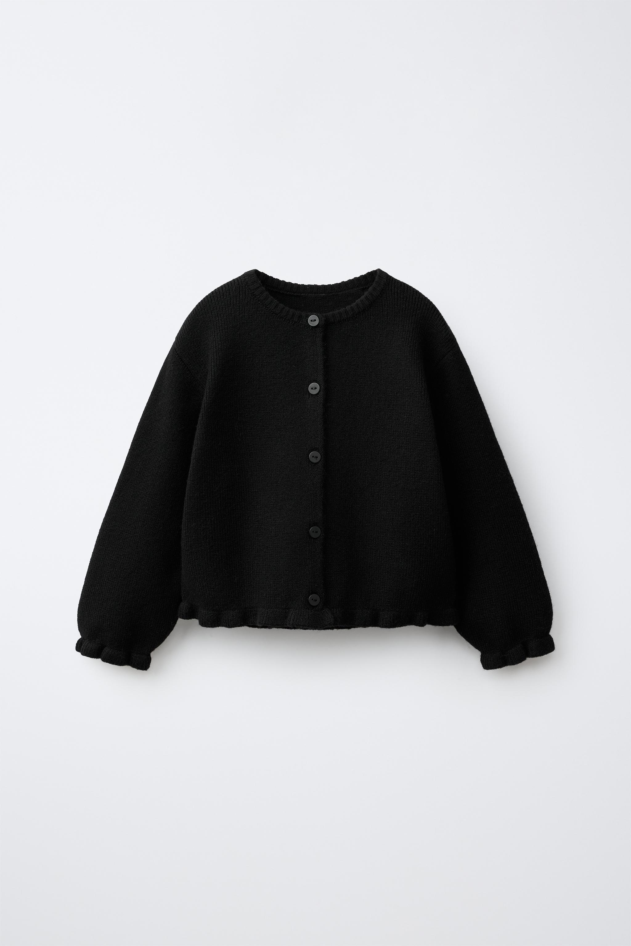 RUFFLED KNIT CARDIGAN — Black