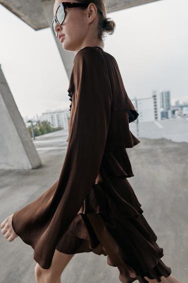 SHORT SATIN DRESS WITH RUFFLES - Brown by Zara - Image 4