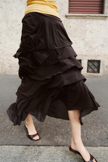 Zara 荷葉邊中長裙 - 深棕色