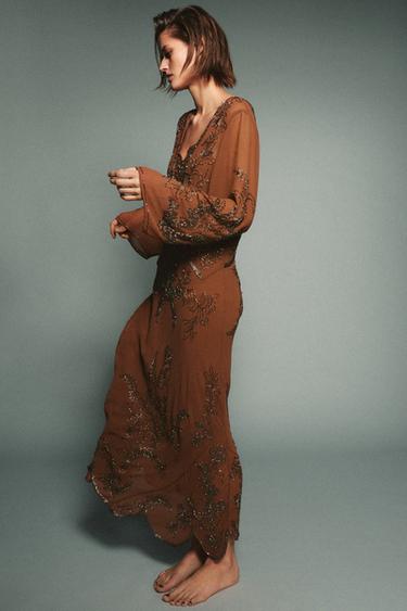 ROBE EN CRÊPE GEORGETTE À FANTAISIE ÉDITION LIMITÉE - Marron de Zara