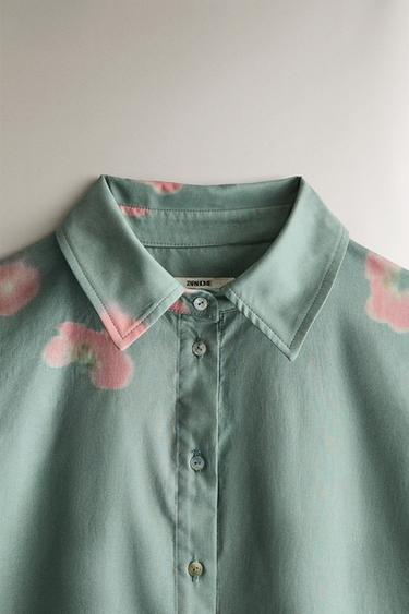 FLORAL COTTON SHIRT - Green / Blue by Zara