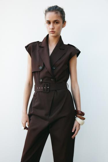 SLEEVELESS BELTED JUMPSUIT - Brown by Zara - Image 1
