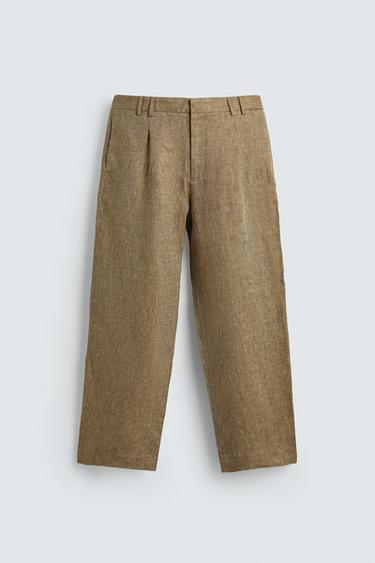 CALÇA 100% LINHO COM PREGAS - Esverdeado da Zara