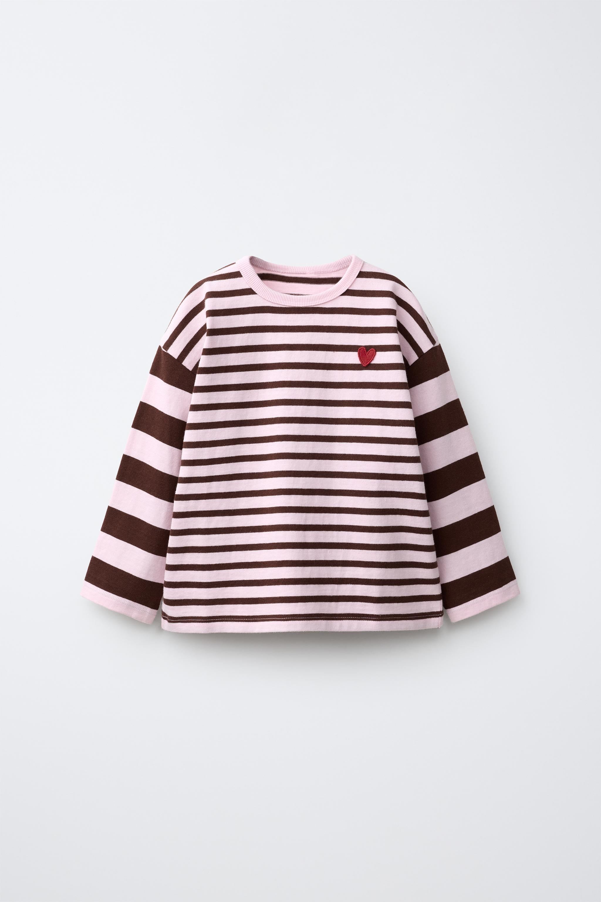 EMBROIDERED HEART STRIPED T-SHIRT — Chocolate