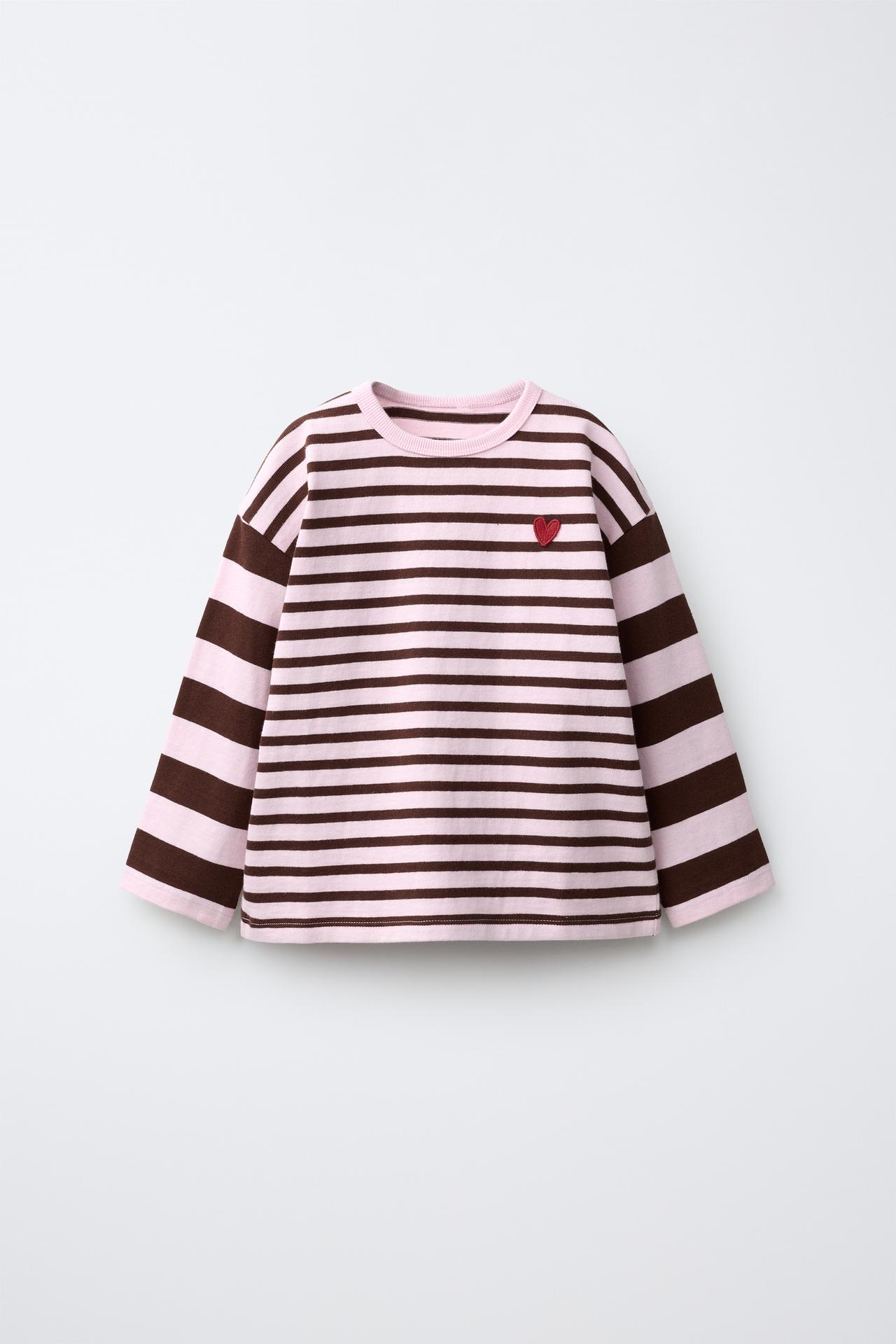 EMBROIDERED HEART STRIPED T-SHIRT — Chocolate