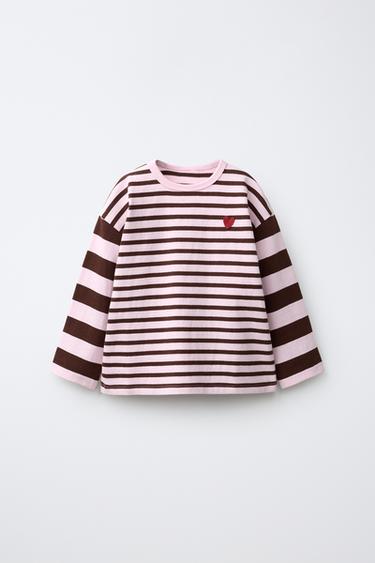 STRIPED HEART EMBROIDERY T-SHIRT - Chocolate by Zara