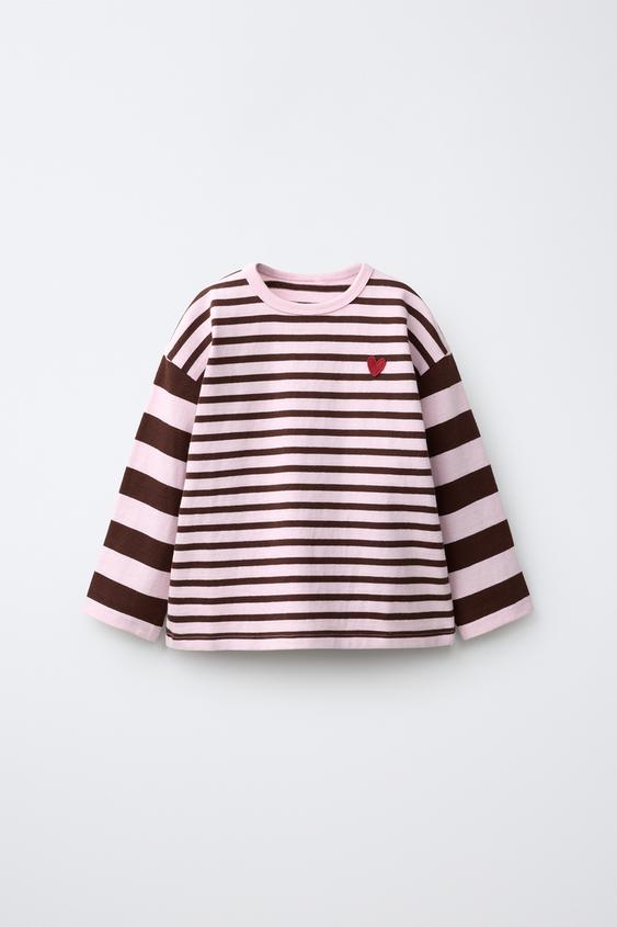 Zara EMBROIDERED HEART STRIPED T-SHIRT - Chocolate - Image 0