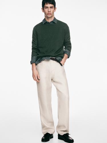 Zara 100% linen knit crew neck sweater - Bottle green